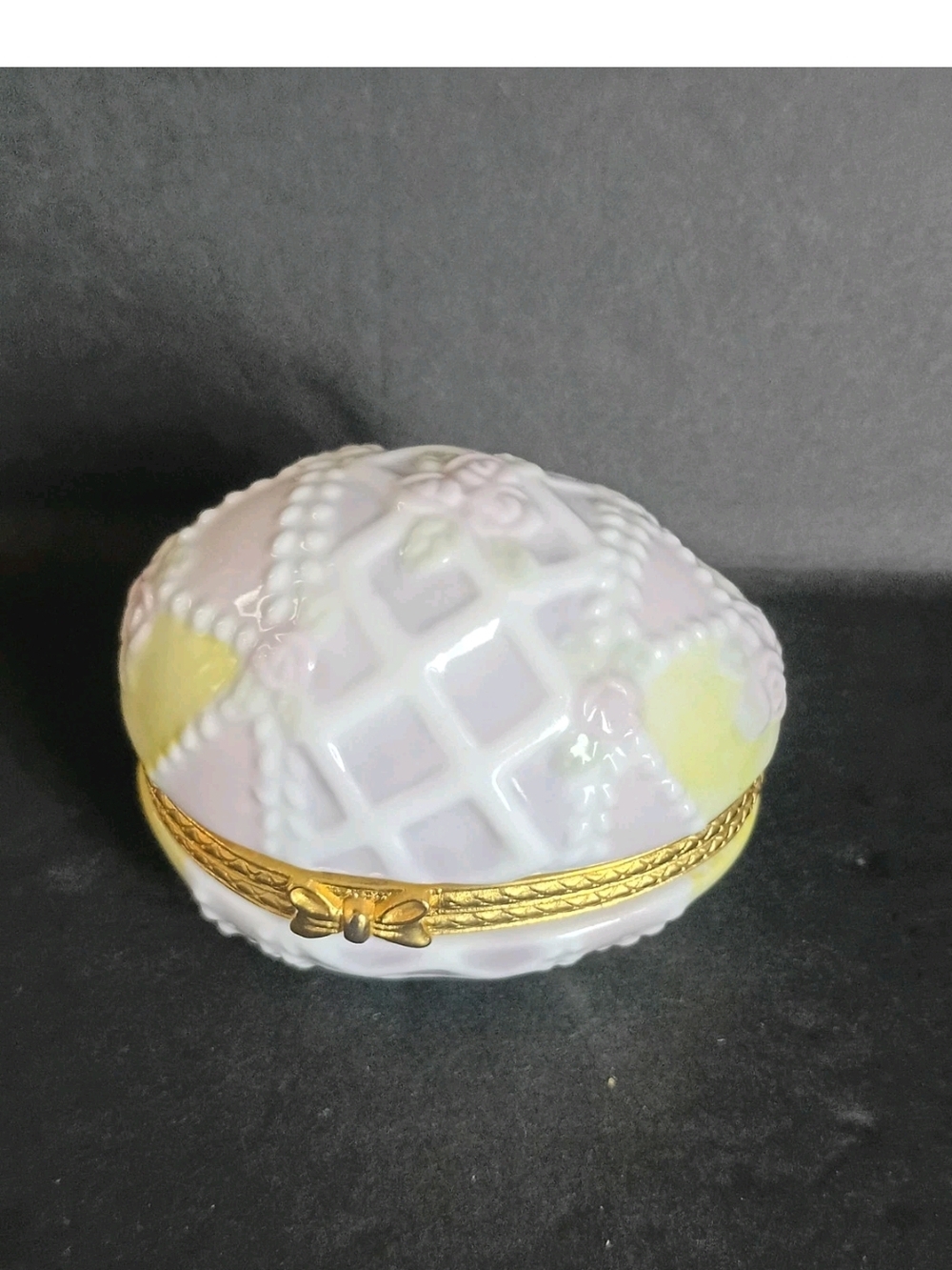 Porcelain Trinket Box Easter Egg Pastel Colors With Gold Toned Trim Hinged Lid